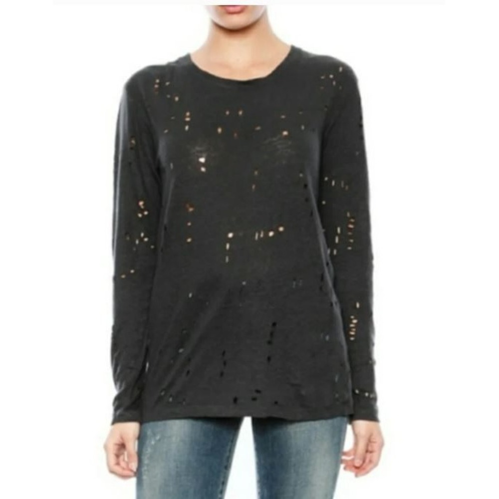 IRO Marvina Distressed Linen Long Sleeve Top Charcoal Black Crew Neck Large